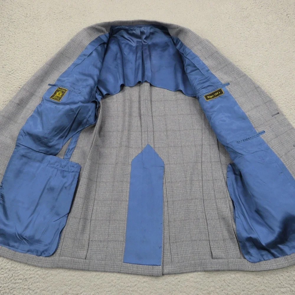 Oxxford Clothes Blazer 44L Super 100s Wool Windowpane Sport Coat Gray Mens